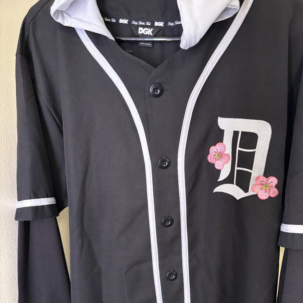 DGK jersey with dri-fit sleeves attached hooded orchid back graphic L